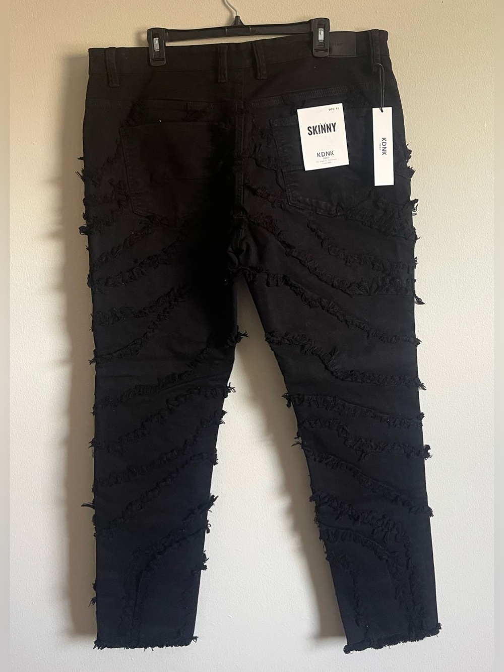 KDNK Skinny Black Jeans With Distressed Hem Size 40